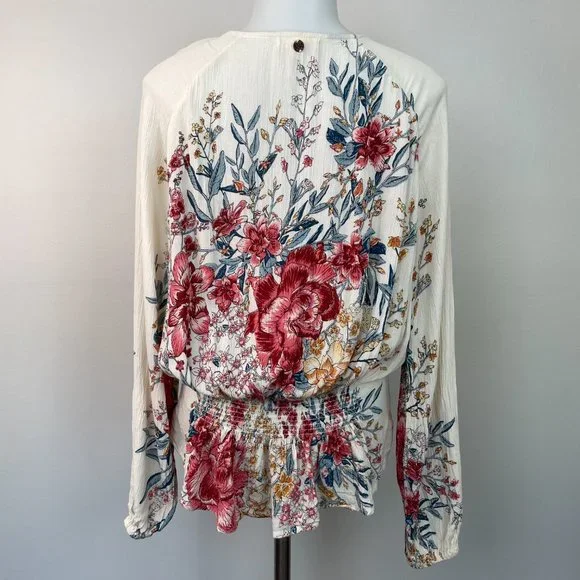 Billabong Top Small Play Day Blouse Floral Pink Ivory Long Sleeve Women's - Picture 6 of 14